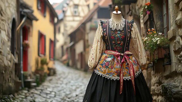 comtois embroidered dress on mannequin in old cobblestone street, close up video