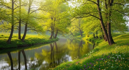 Serene River Flowing Through Lush Green Forest Landscape.