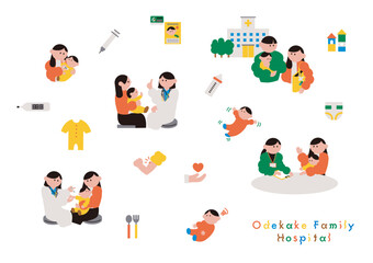 予防接種を受ける赤ちゃんと家族のイラスト素材セット