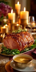 Glazed roasted ham on a platter with fresh herbs and greens, surrounded by candlelight; a bowl of warm sauce sits in the foreground for a festive holiday dinner.