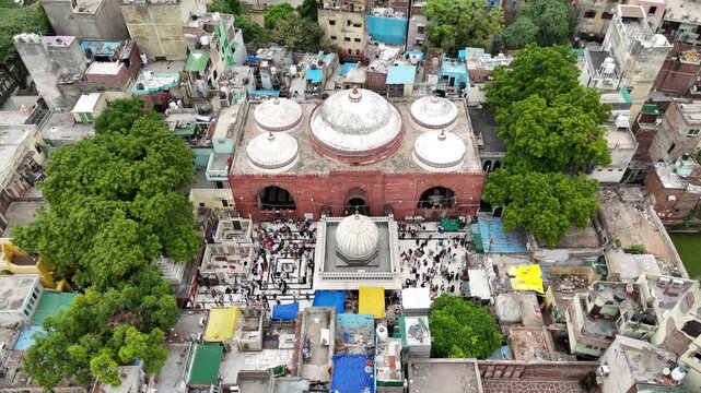 Aerial view of Hazrat Nizamuddin Dargah, a famous Sufi shrine and heritage site in New Delhi, India
