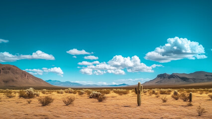 Fototapeta premium Blue sky desert panorama with lone cactus, sandy plain, distant mountains, and puffy clouds.