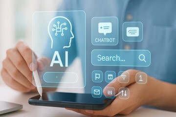 A person interacts with a futuristic, transparent interface displaying AI applications, including a chatbot and search function, highlighting digital technology and modern user experience.