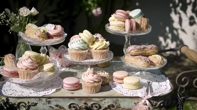 elegant outdoor dessert table with macarons cupcakes eclairs