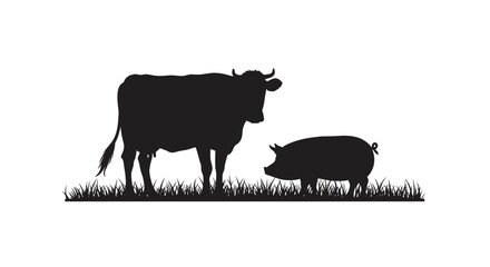 Cow and Pig Silhouette in Grass