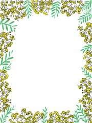 お洒落でカラフルなミモザと葉っぱのポストカードデザイン・フレーム・装飾枠