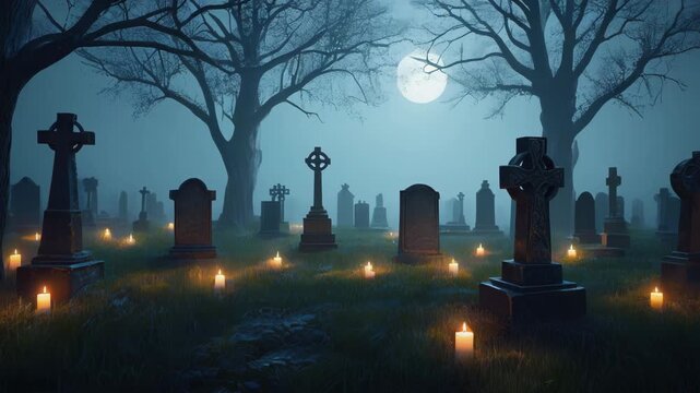 Old graveyard at night, candles glowing near tombstones, fog rolling across, cinematic spooky lighting.