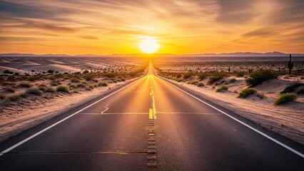 Fototapeta premium A cinematic endless road stretching across a golden desert sunset, symbolizing freedom, adventure, and the timeless spirit of travel.
