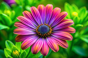 Vibrant purple and pink daisy flower with detailed petals and green foliage background