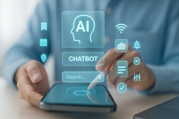 A person interacts with a futuristic digital interface, featuring AI and chatbot applications on a tablet.