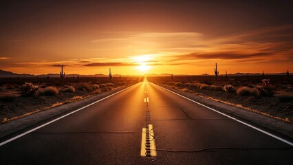 Obraz premium A cinematic endless road stretching across a golden desert sunset, symbolizing freedom, adventure, and the timeless spirit of travel.