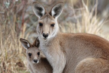 Fototapeta premium Female kangaroo nurturing its joey in natural habitat during early morning light