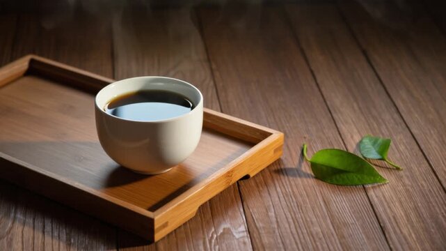 A ceramic cup sits half-full on a wooden tray. The light is dim, and the steam has already faded. A single leaf drifts across the floor