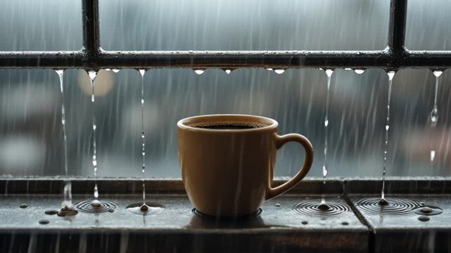 A cold cup of coffee stands alone on a metal windowsill. Drops of rain begin to fall again, each one landing with a soft thud