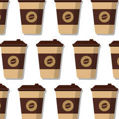 Flat style takeaway coffee cup seamless background. Minimalist vector illustration of a disposable coffee cup with lid and brown sleeve on white background