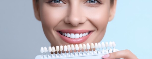 The smile of a woman with dental shade guide for tooth whitening consultation