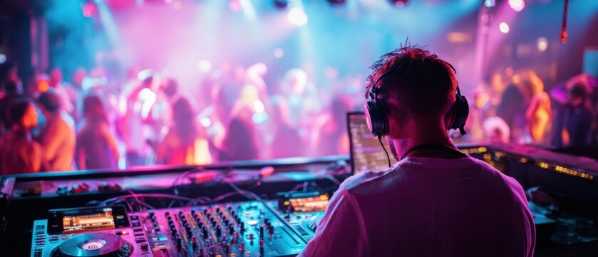 The DJ Mixing Live at a Neon Lit Nightclub Surrounded by a Dancing Crowd