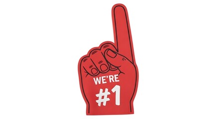Red foam hand with the text were 1 pointing upwards, isolated on white background, symbolizing victory and success