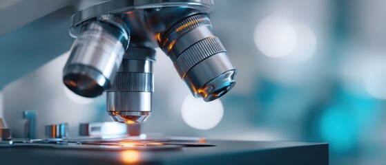 The microscope close up revealing precision optics and focused laboratory research environment details