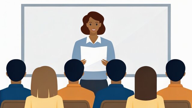 A woman presents to an audience in a classroom setting, holding a paper and engaging with the viewers seated in front of her.