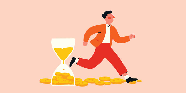 A person races against time, symbolised by an hourglass, with coins scattered at their feet, conveying the essence of urgency in financial matters.
