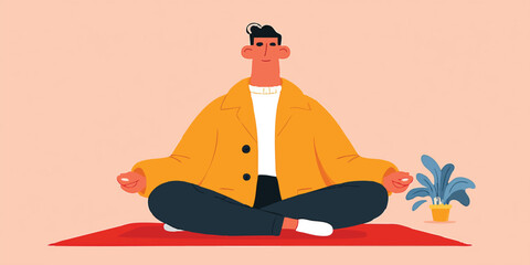 A figure practices meditation and finds peace in this calming illustrated scene. The image focuses on achieving a state of inner peace, mindfulness, and tranquility.