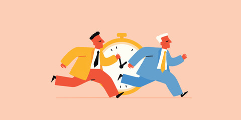 Obraz premium Dynamic visual of two business figures racing against a clock, symbolizing urgency in a professional setting. It conveys the relentless pressure of deadlines, where time is of the essence.