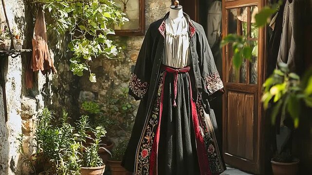 corsican traditional outfit on mannequin in stone courtyard zoom out video