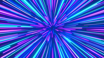 Colorful abstract light rays explode in blue and pink, energetic starburst effect for party, modern, or science fiction backgrounds and visuals