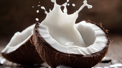 A halved coconut with white liquid splashing out of its center is pictured against a blurred background.