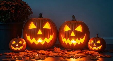Fototapeta premium Spooky carved pumpkins glow with warm light among autumn leaves