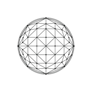 Geometric sphere wireframe with interconnected nodes and lines representing data and technology white background