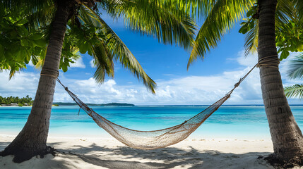 Fototapeta premium Hammock on a palm tree on the beach with a clear blue sky. Illustration of a scenic background for a vacation.