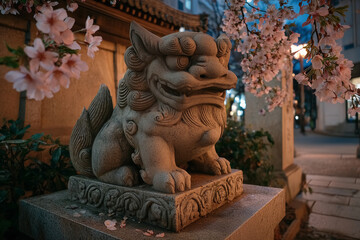 Fototapeta premium Moonlit statue surrounded by cherry blossoms in a tranquil Shinto shrine at night, highlighting Japanese spirituality and culture