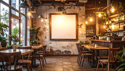Elegant cafe interior with blank frame for your message in warm inviting setting perfect for ads