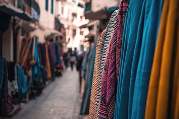 A vibrant market street lined with colorful textiles hanging on display, inviting exploration and discovery of unique local crafts.