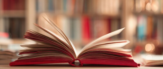 Obraz premium The Book Open on a Table with Blurred Library Background Evoking Warm Study
