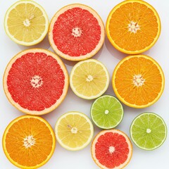 Flat lay of colorful citrus slices including grapefruit, lemon, lime, and orange, vibrant background for fresh juice concepts, healthy eating, or summer beverage ads