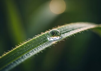 Fototapeta premium Close-up view of a single water droplet resting on a blade of grass, showcasing intricate details.