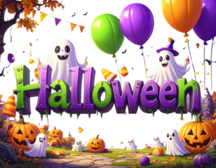Playful 3D Cartoon Halloween Title with Candy, Ghosts, and Bright Colors PNG