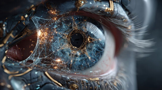 Low Poly wireframe technology eye. Futuristic concept. Vector eye mesh spheres from flying debris. Thin line concept. Blue structure style illustration. Scince polygonal image