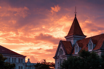 Fototapeta premium enchanting summer sunsets and sunrises this scene features breathtaking sunset behind ancient architectural