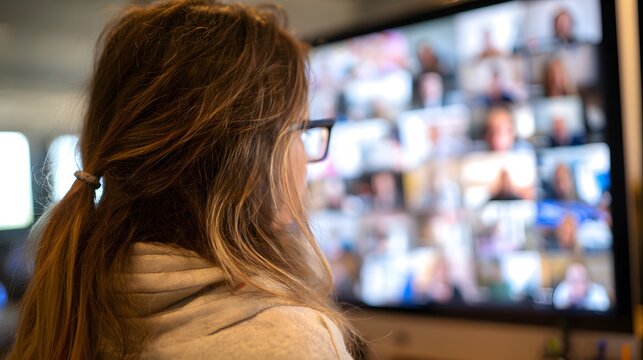 Woman views a large screen showing many people in a video conference.