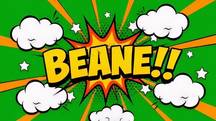 Exploding comic style graphic with yellow text on green halftone backdrop