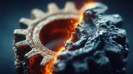 Obraz premium A macro image of a weathered gear shows intricate details and glowing energy against a dark backdrop.