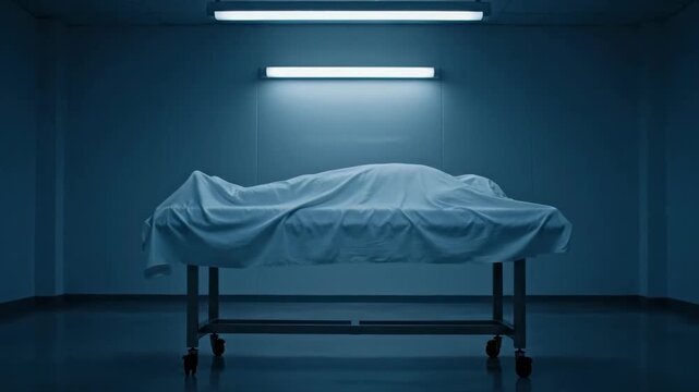 The body of the deceased person lies on a metal table in the morgue, covered with a white sheet. The lighting is gloomy and cold.