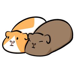 Two guinea pigs lying close together, cuddling while resting. A sweet cartoon style illustration showing love, bonding, and companionship between pets.
