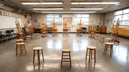 Art classroom with easels and stools