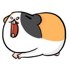 Adorable cartoon guinea pig yawning with closed eyes and wide open mouth, showing tiny teeth as if sleepy and ready to nap. 