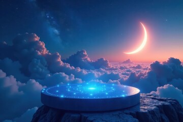 Mystical blue platform, crescent moon glow, star-dusted sky, digital, show